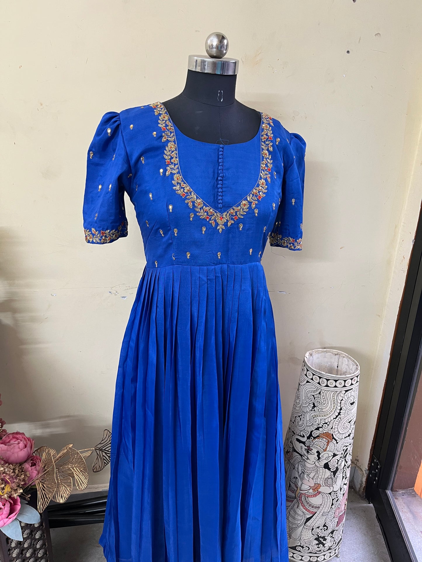 Royal Blue Hand-Embroidered Pleated Anarkali Gown