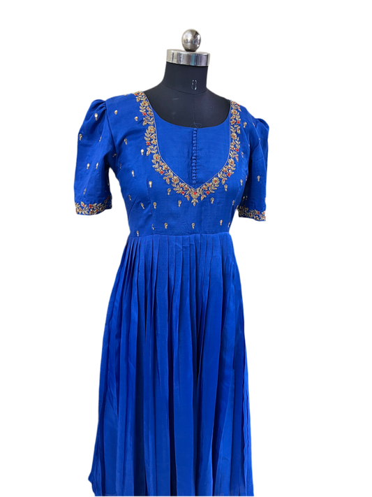 Royal Blue Hand-Embroidered Pleated Anarkali Gown