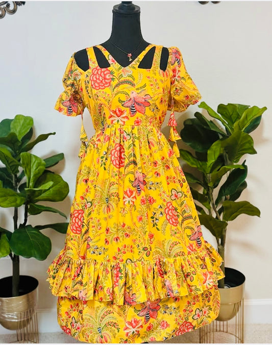 Yellow Cotton Floral Frock | Handcrafted Ethnic Dress