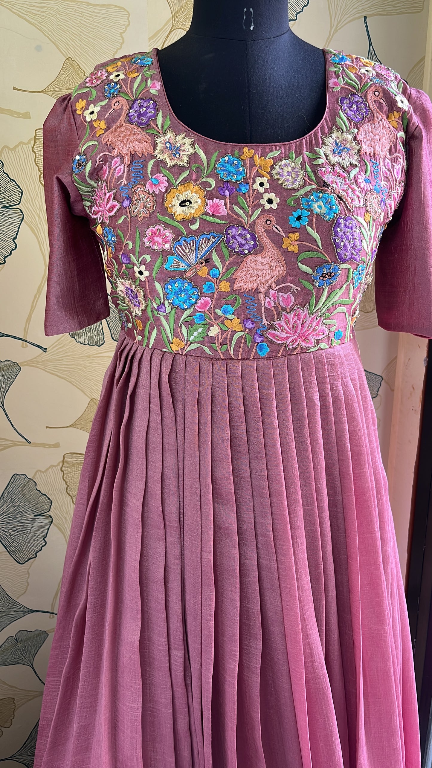 Wine Pleated Dress with Intricate Multicolor Hand Embroidery”