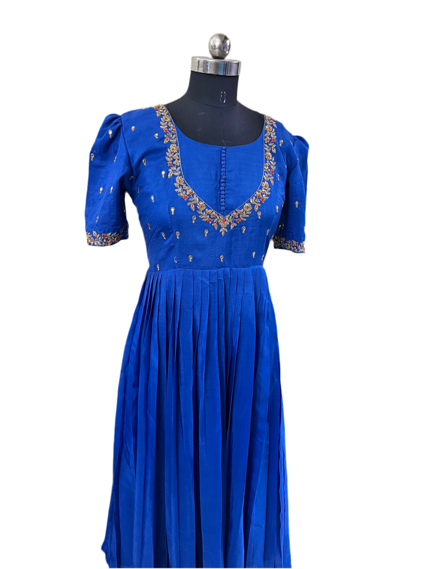 Royal Blue Hand-Embroidered Pleated Anarkali Gown
